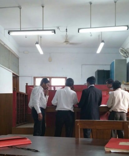 Inside the courtroom in April 2015, waiting for the sentence to be read.